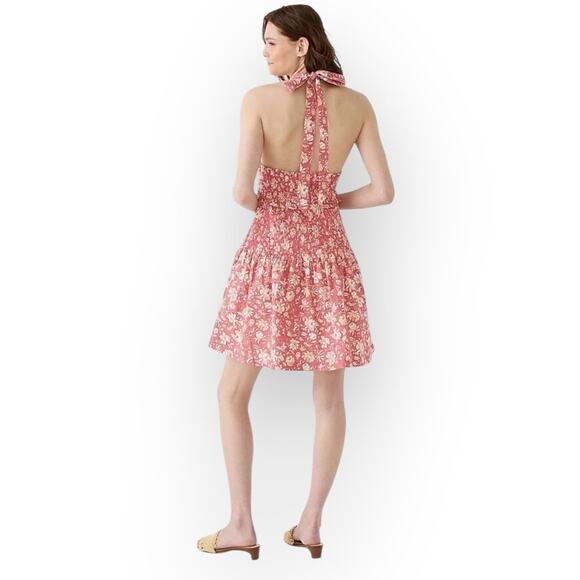 J.Crew Mini Dress Women's Large Pink White Floral Smocked Halter Ruffle V-Neck - Picture 2 of 13